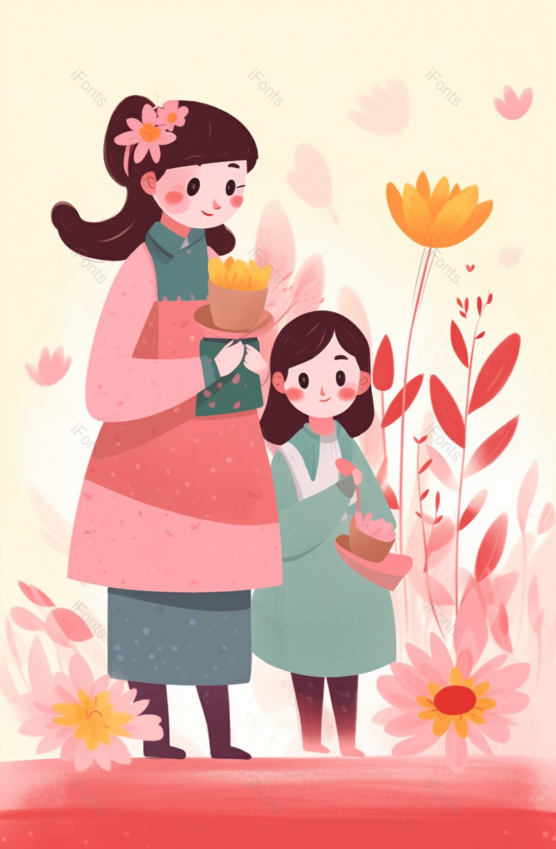 可爱卡通温馨母亲节孩子送花背景图,插画/手绘图,插画/手绘图库,插画/手绘图下载,插画/手绘